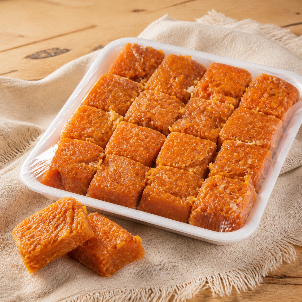 Pedaços de doce de abóbora artesanal em bandeja de isopor