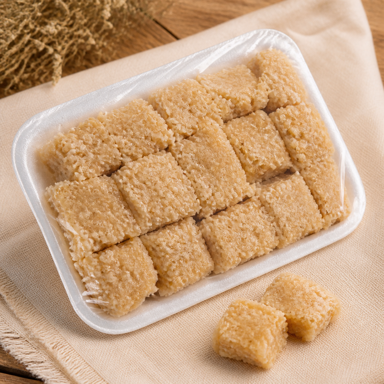 Pedaços de doce de coco artesanal em bandeja de isopor