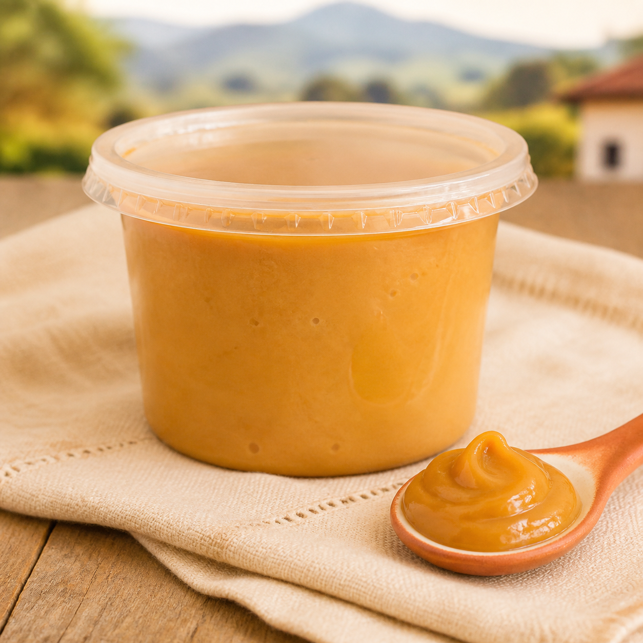 Pote de doce de leite pastoso cremoso com colher de madeira