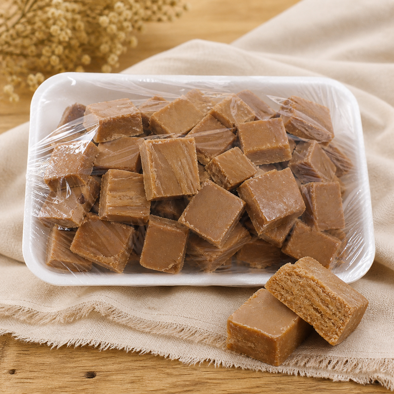 Pedaços de doce de leite artesanal em bandeja de isopor
